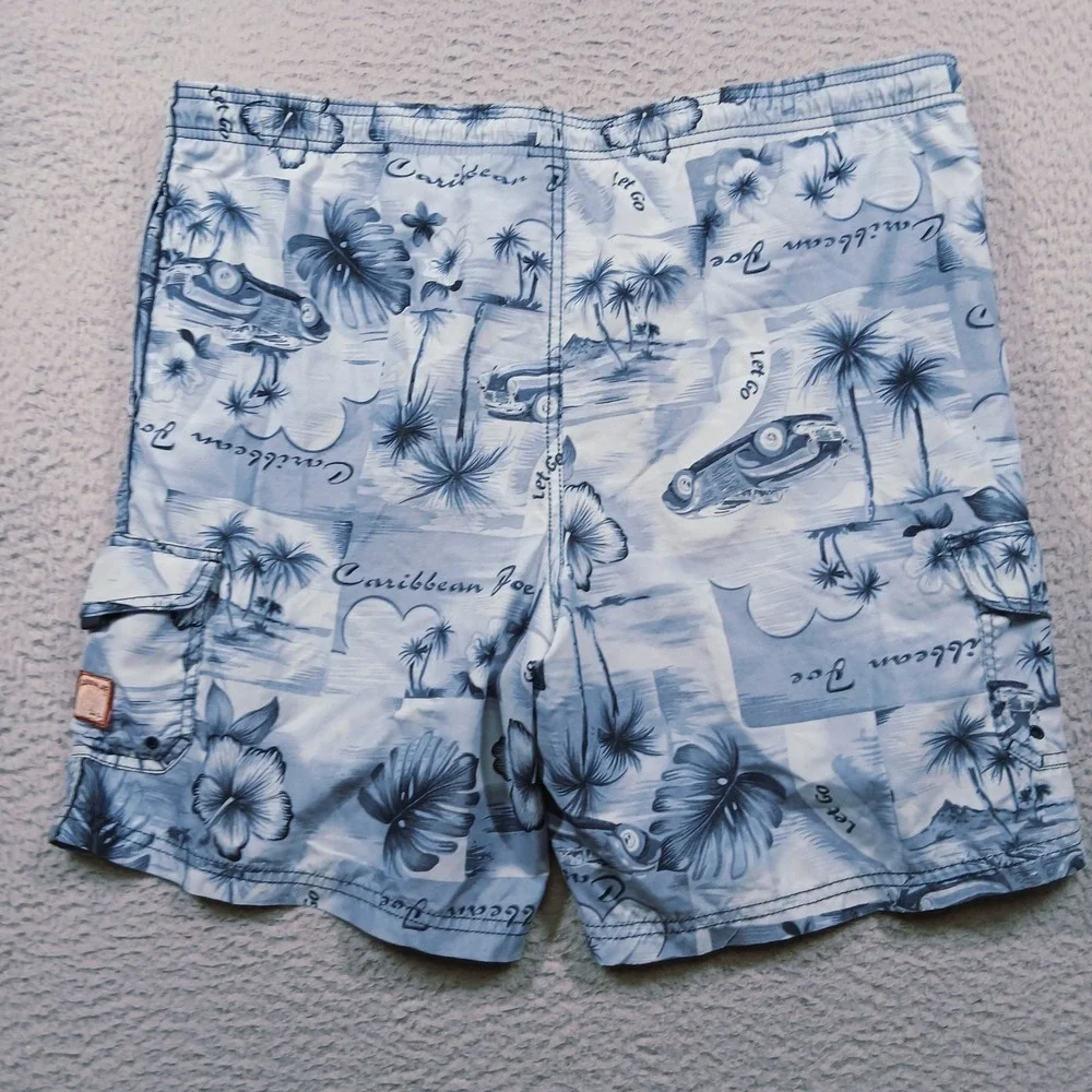 Caribbean Joe Mens L Blue Tropical Floral Island Life Board Swim‎ Shorts EUC